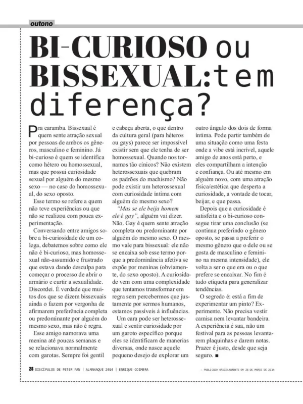 Prévia da seção "Bi-curioso ou bissexual" no "Almanaque DDPP: Discípulos de Peter Pan".