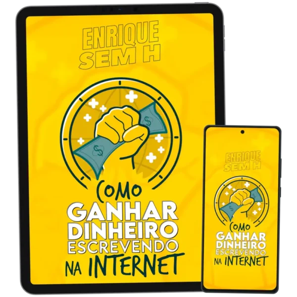 Foto do ebook "Como Ganhar Dinheiro Escrevendo na Internet" exibido em um tablet e em um celular.