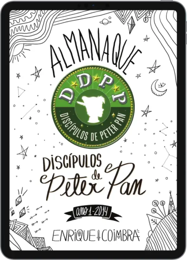 Foto do "Almanaque DDPP: Discípulos de Peter Pan" exibido em um tablet.