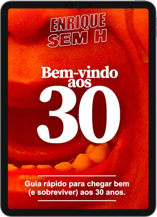 Foto do ebook "Bem-vindo aos 30 anos" exibido em um tablet.